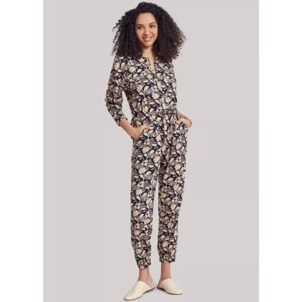 Faherty “Savoie” Linen Blend Navy Blue Tan Floral Boho Jumpsuit Size Medium